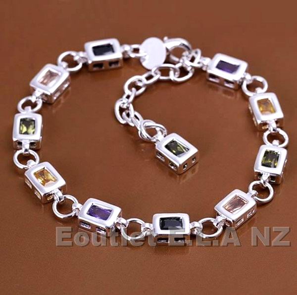 RAINBOW RECTANGULAR CRYSTALS SILVER BRACELET-up to 20cm